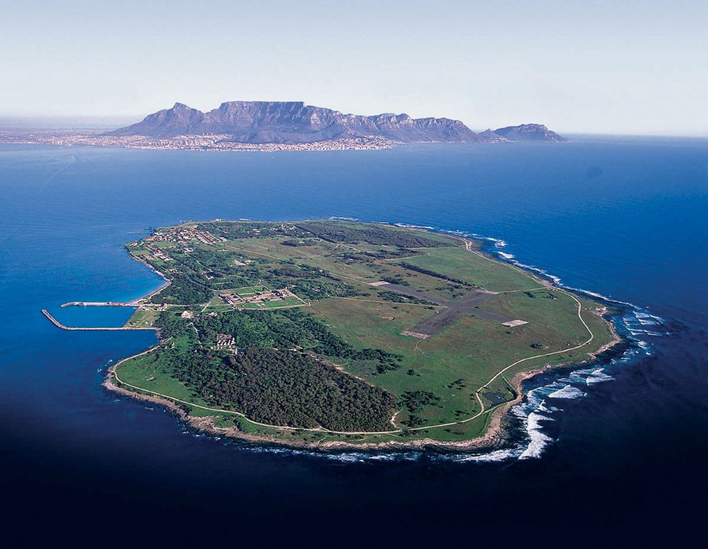 An aerial view of a large island in the ocean.