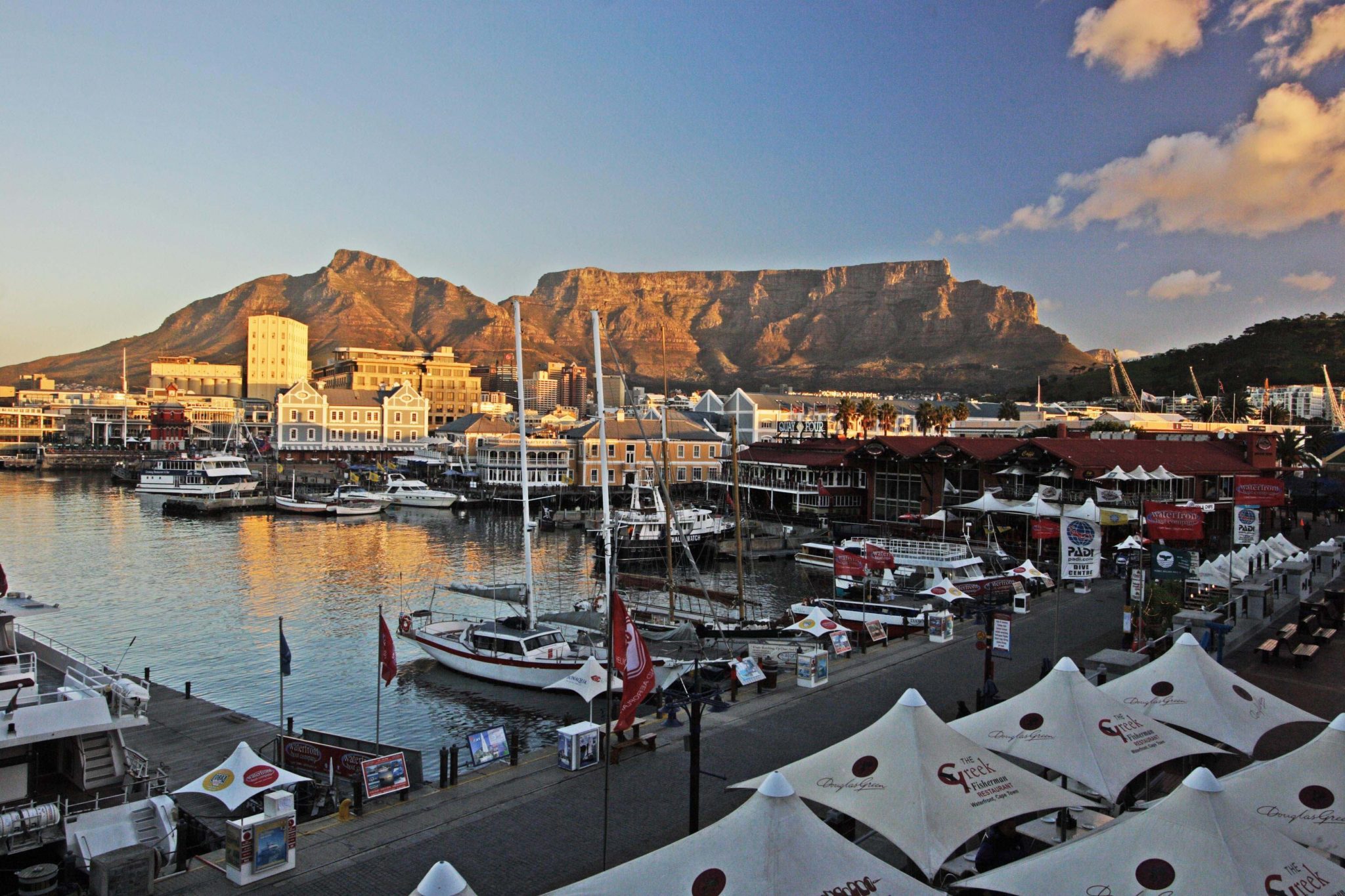 A view of boats docked in the harbor.