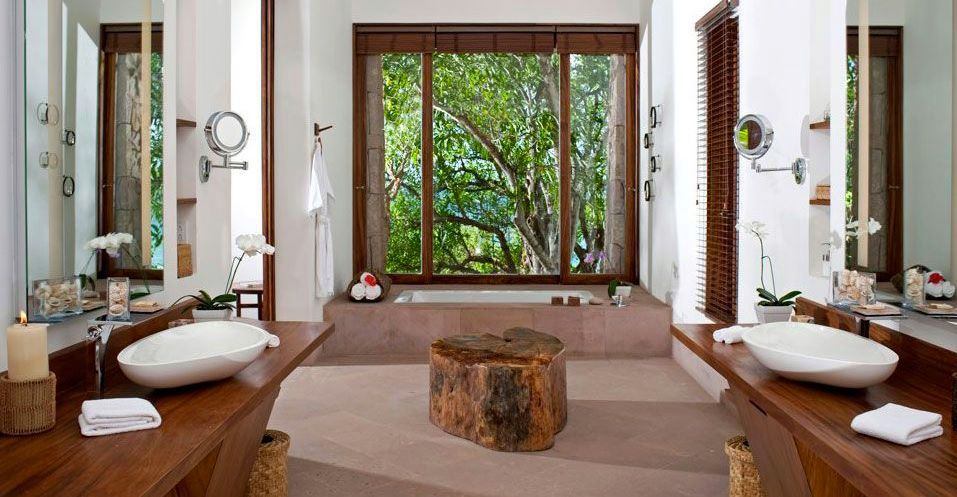 A bathroom with a tree in the window