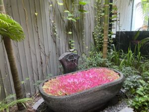 A bath tub with pink flowers in it